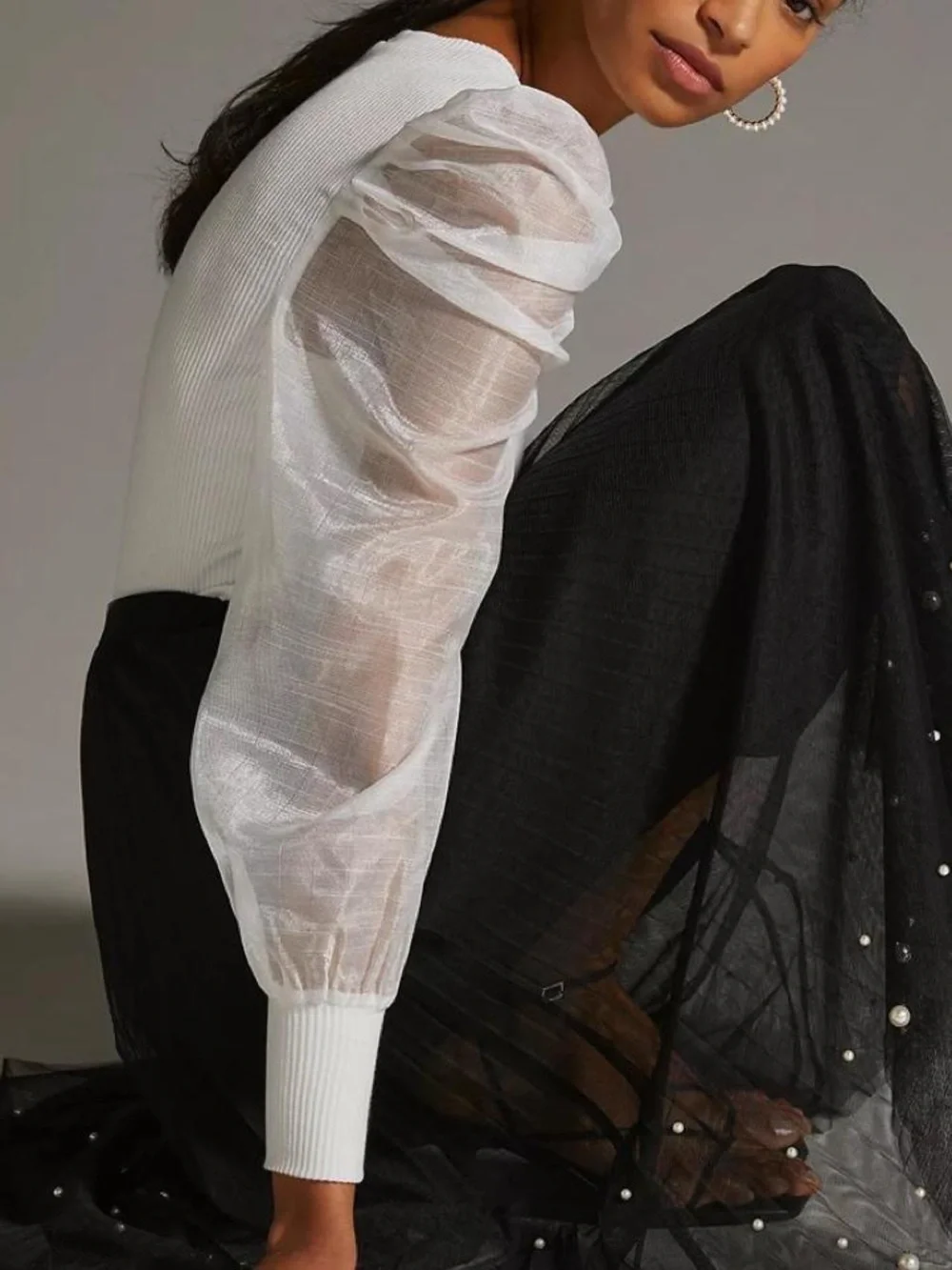 Anthropologie Dolan White Organza Puff-Sleeve Ribbed Top